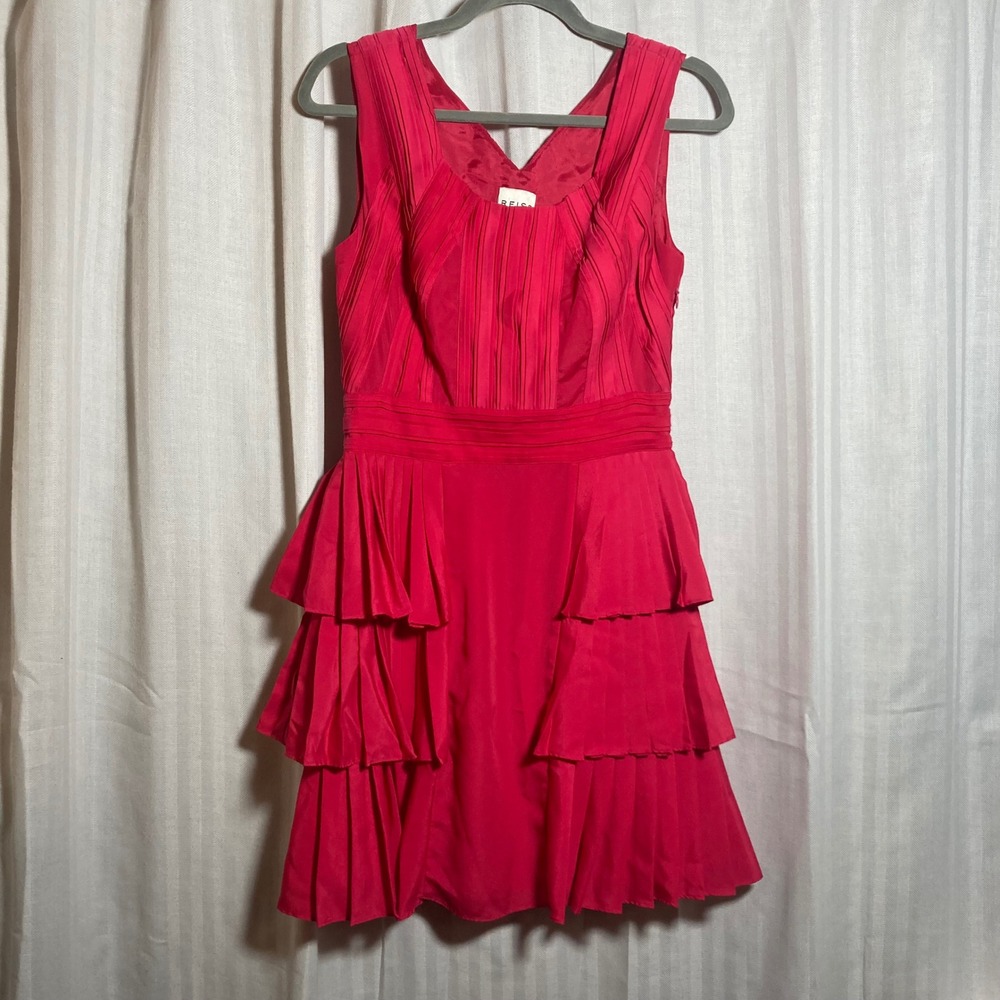 Reiss Faith Fushia Pleats Tiered Ruffle Cocktail Dress V-Back Sleeveless Party 2